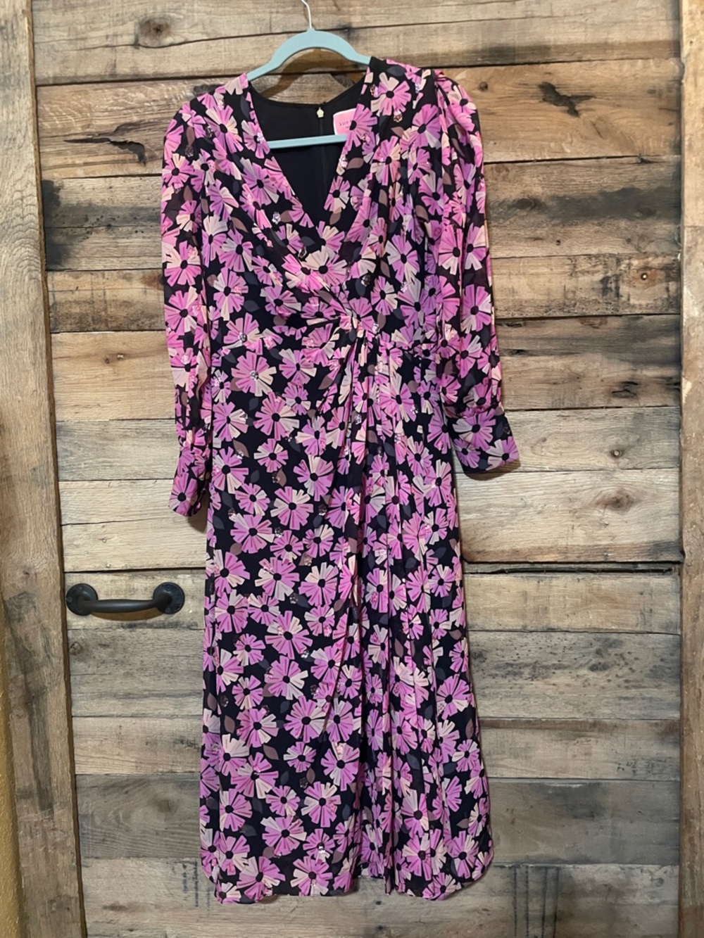 kate spade Black Maxi Dress with Pink Floral Motif and Long Sleeves